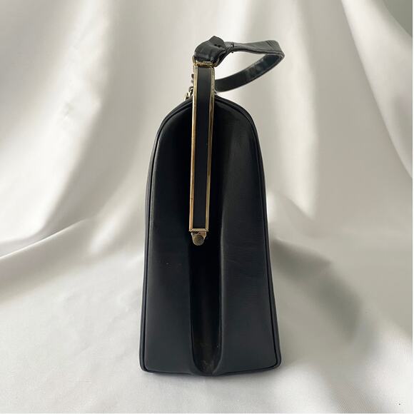 Vintage Black Leather Handbag - Retro Structured Top Handle Purse - Picture 4 of 12